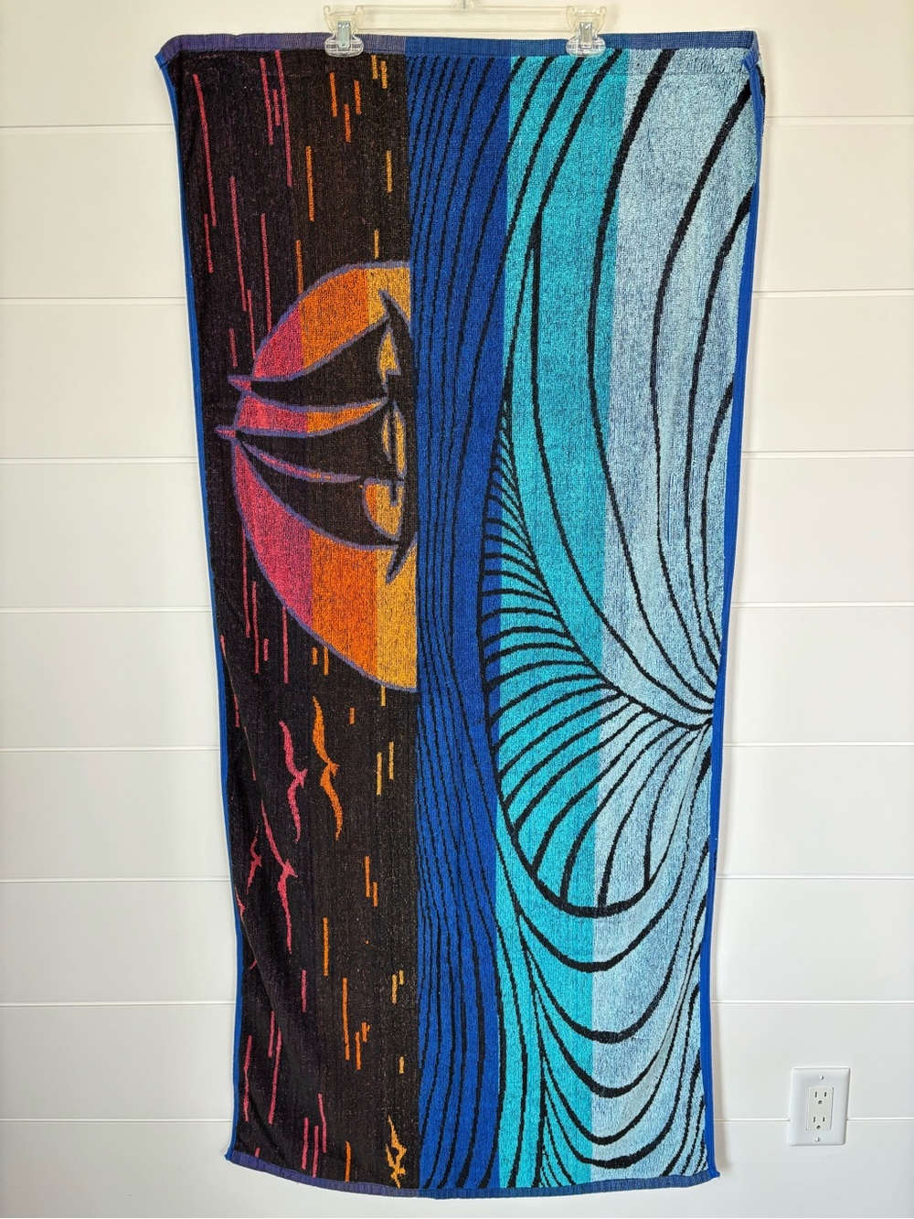 Two Vintage Reversible Woven Cotton Beach Towels with Sailboat Sunset 80s